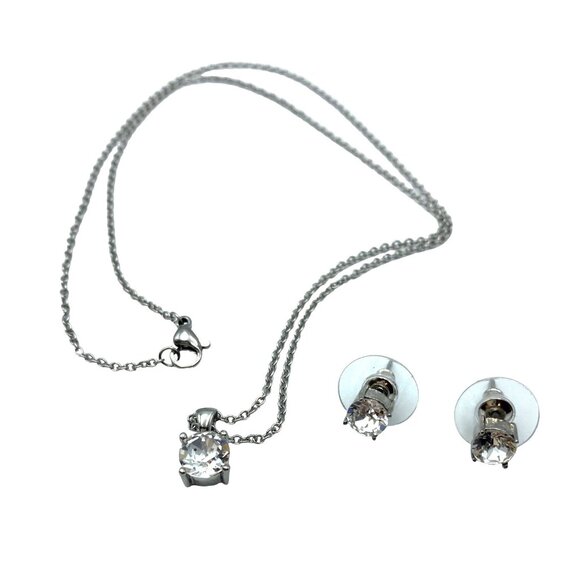 CZ Cubic Zirconia Necklace 20 Inches Earrings Pierced Silver Faceted - Picture 1 of 4